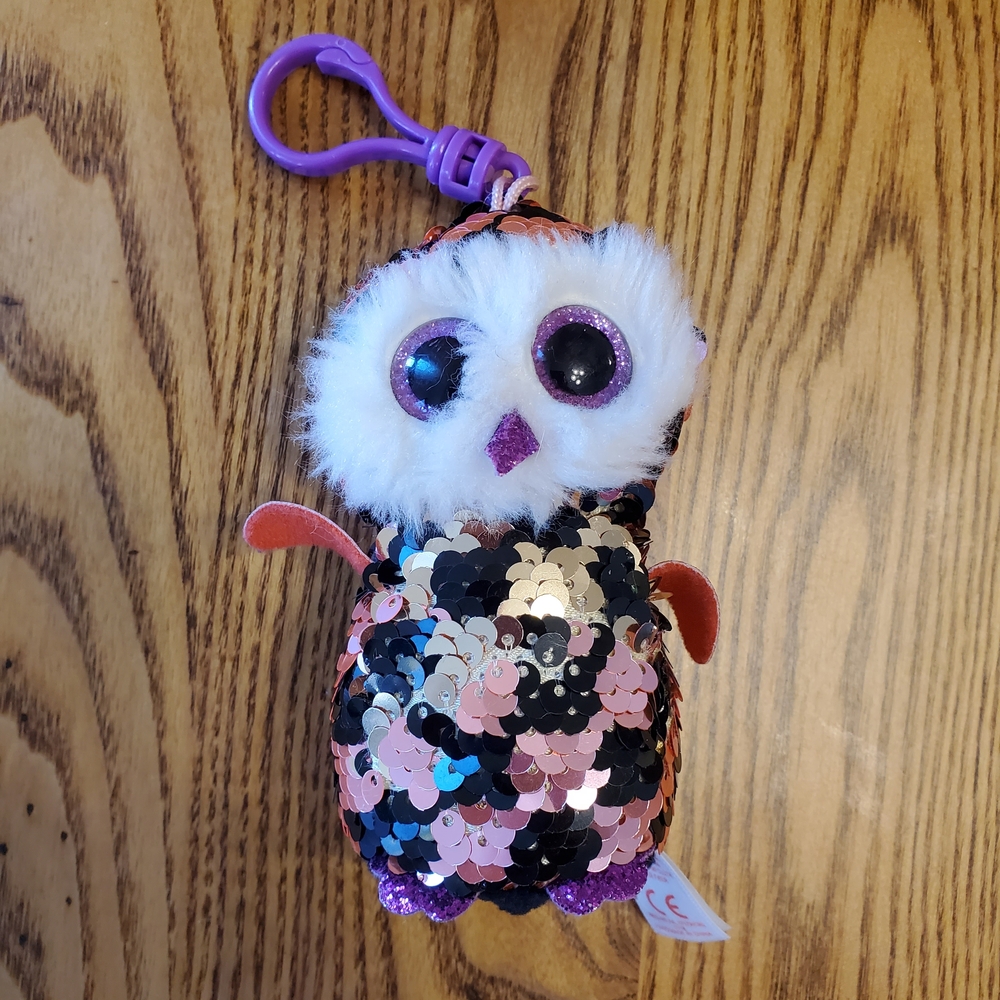 🌟5/$15🌟 Pink And Black Sequin Owl Keychain - TY Beanie Boo